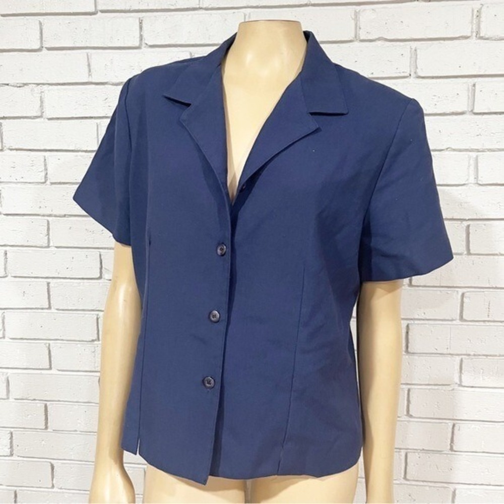Briggs Petite Navy Blue Short Sleeve Button Up Notched Lapel Blouse Size 16P